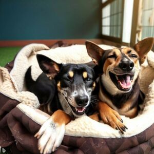 two dogs laying on a dog bed ready for pet boarding