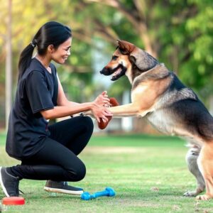 German Shepherd interaction with trainer for dog training and enrichment