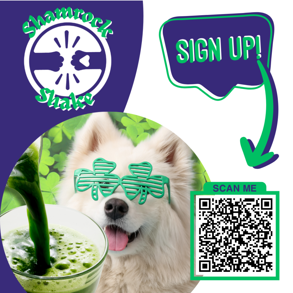 Shamrocks & shakes Photoshoot & Treat sign up. Dog and green shake graphic