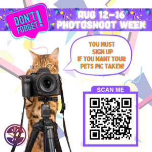 A graphic with a cat as a photographer with a QR code to scan to take you to the Totally Tubular Pet Photoshoot sign up page.